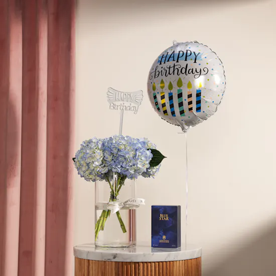 Abdul Samad Al Qurashi Blue Star EDP for Men | Birthday Flowers and Balloon