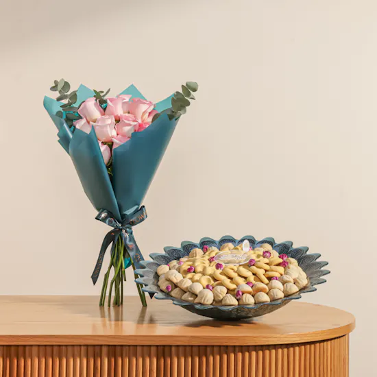 Baraka Dates Eid Mubarak Ghuraiba and Mamoul Blue Bowl | Splendid Flowers
