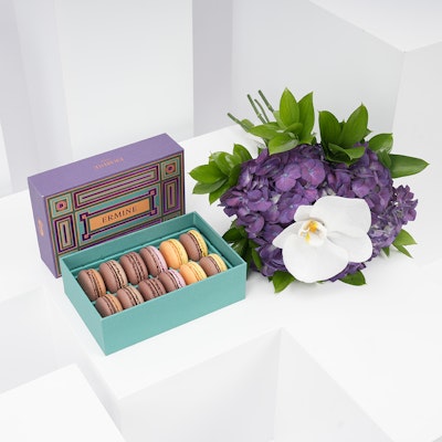 Ermine Macarons Box with Delicate Petals Bouquet 