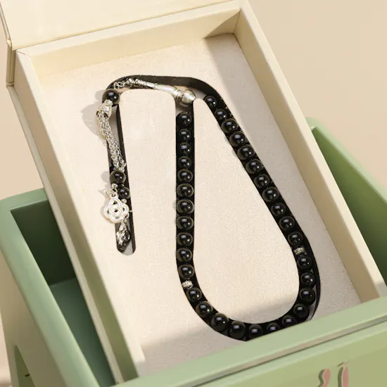 Floward Black Brazilian Stones Misbaha | Dad's White Rose Stand