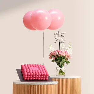 Dinara Kasko Strawberry Cake | Happy Birthday Flower Vase and Pink Balloons