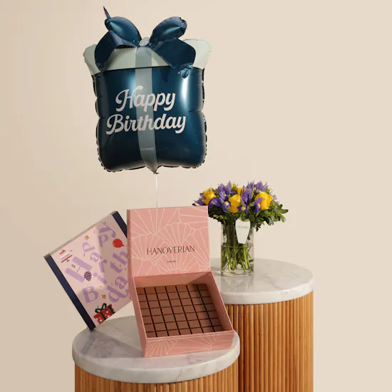 Hanoverian Happy Birthday Caramel Chocolate Box | Happy Flowers and Balloon