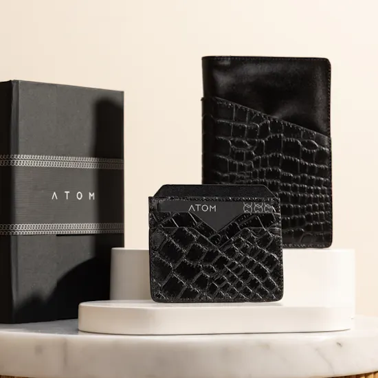 Atom Black Leather Men's Passport and Card Holder Set