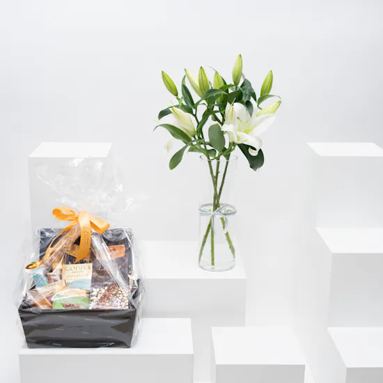 Godiva Chocolates Hamper Basket | White Lilies Vase