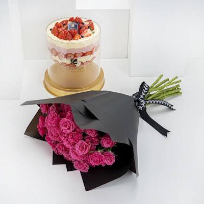 Zalatimo Brothers Mixed-Berries Trifle with Fuchsia Roses Bouquet