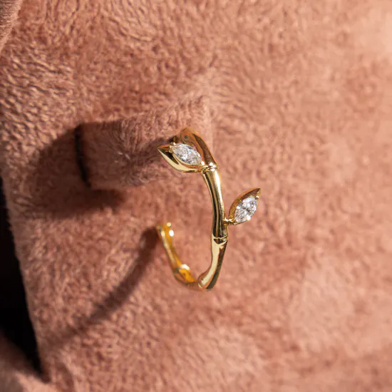 Siran by Iram Gold Lucky Bamboo Hoop Earrings with Diamond Leaves