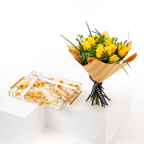 NJD Assorted Sweets Tray | Yellow Roses Bouquet