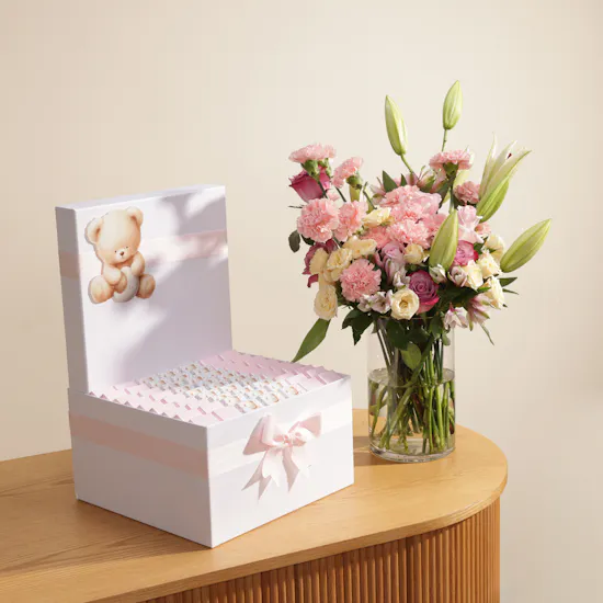 Le Chocolatier Dubai Baby Girl Teddy Bear-Themed Extra Large Chocolate Box | Pink Flower Vase