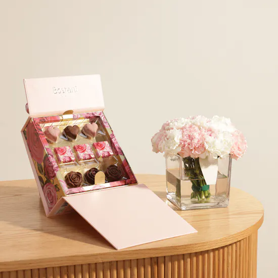 Bostani Chocolate Pink Floral Bag | Celestial Carnation Flowers Vase