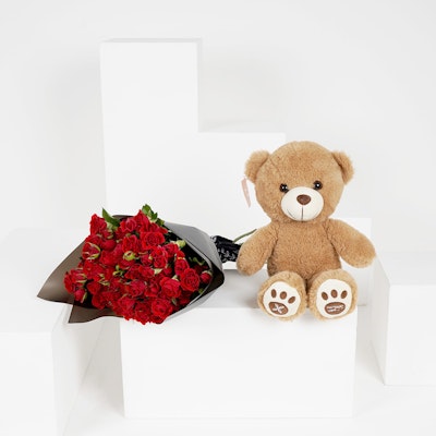 20 Red Baby Roses Hand Bouquet with a Small Teddy Bear