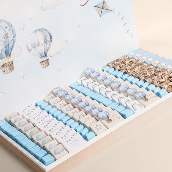 Le Chocolatier Dubai Personalized Hot Air Balloon Baby Blue Welcome Baby Large Chocolate Tray