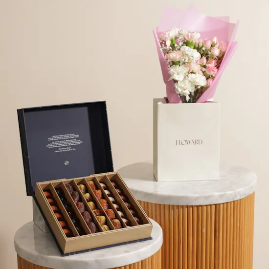 Nua Small Classic Signature Date and Chocolate Bonbon Box | Eid Elegance Flower Bouquet