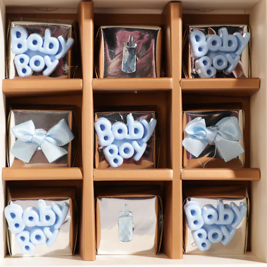Ghazl Chocolatier Baby Boy Mini Chocolate Box | Serene White Roses Vase