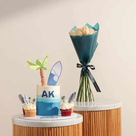 NQ's Bakery Surf Theme Personalized Cake and Cupcakes | Wave of Happiness Flowers