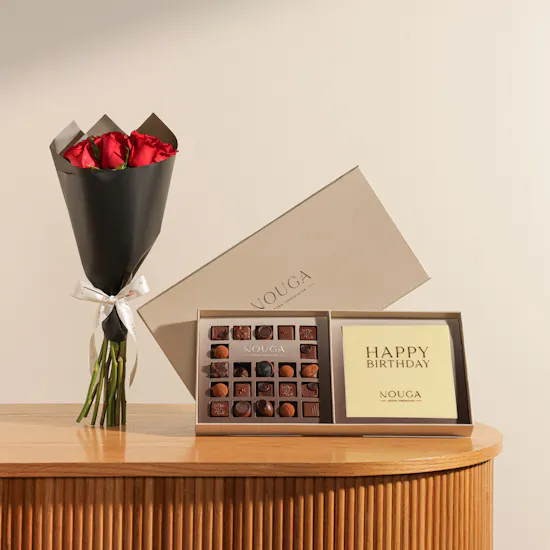 Nouga Happy Birthday Bonbon Chocolate Box | Shinny Roses Bouquet