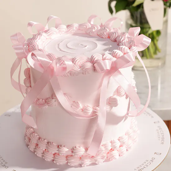 December Cake Pink Ribbon Cake | Bright Flowers and Balloon