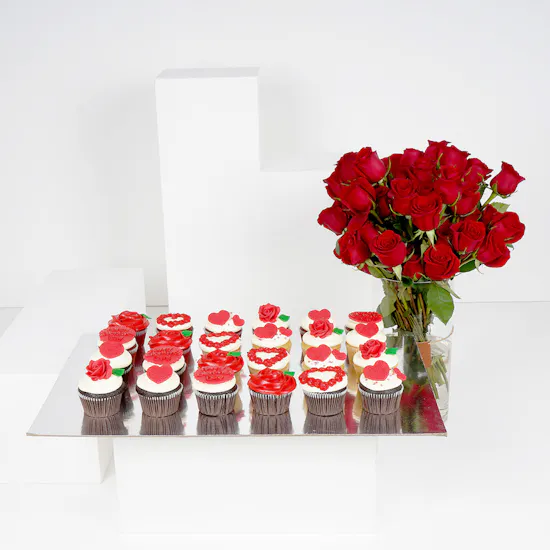 Large Red Roses Cylinder Vase with 24 Cupcakes