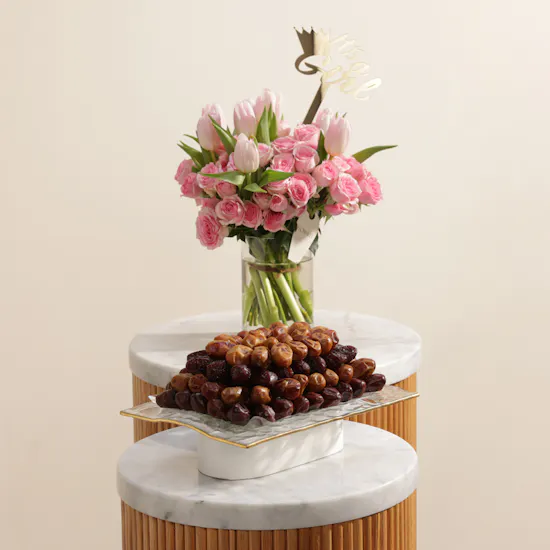Bateel Mirage Premium Date Glass Tray | Welcome Baby Girl Flowers