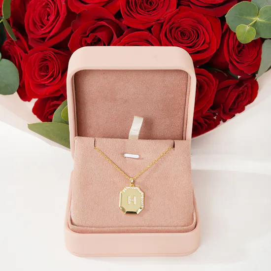 Floward Letter H Gold Plated Silver Necklace | Red Roses Bouquet