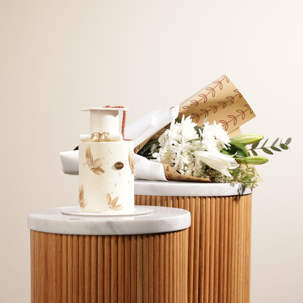 Crumbles Graduation Cake | White Blooms