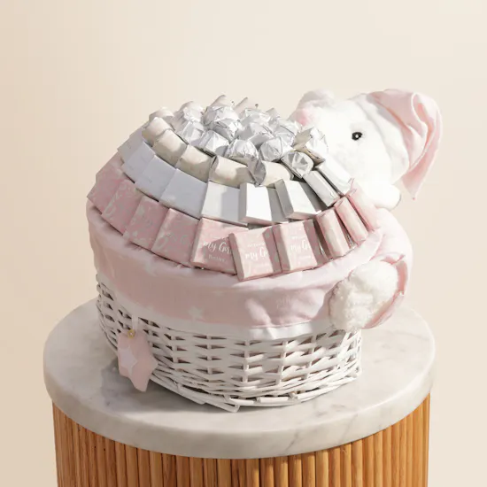 Bostani Small Pink and White Teddy Bear Baby Girl Chocolate Basket
