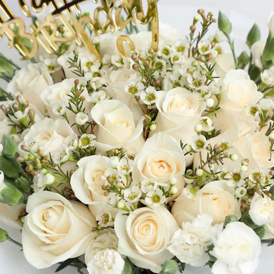 White Birthday Hand Bouquet With Chocolate
