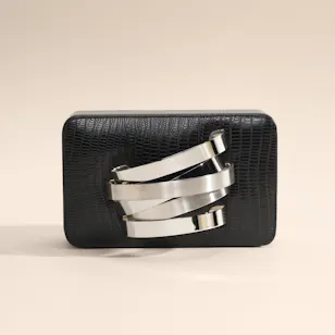 Rula Galayini The Coil Black Lizard-Print Cuffbox Clutch