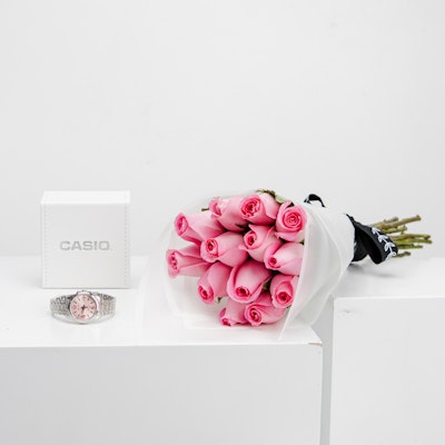 Casio Silver Pink Watch with Pink Roses