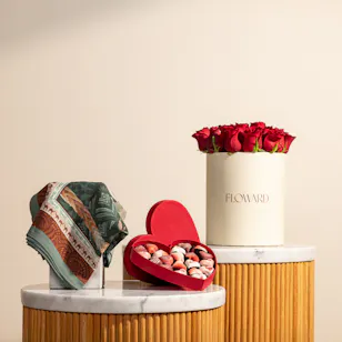 Emma Remal Scarf | Fleur Red Heart Chocolate Box and Flowers 