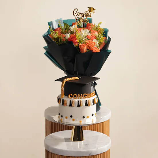 Golden Graduation Cake | Rose Bouquet