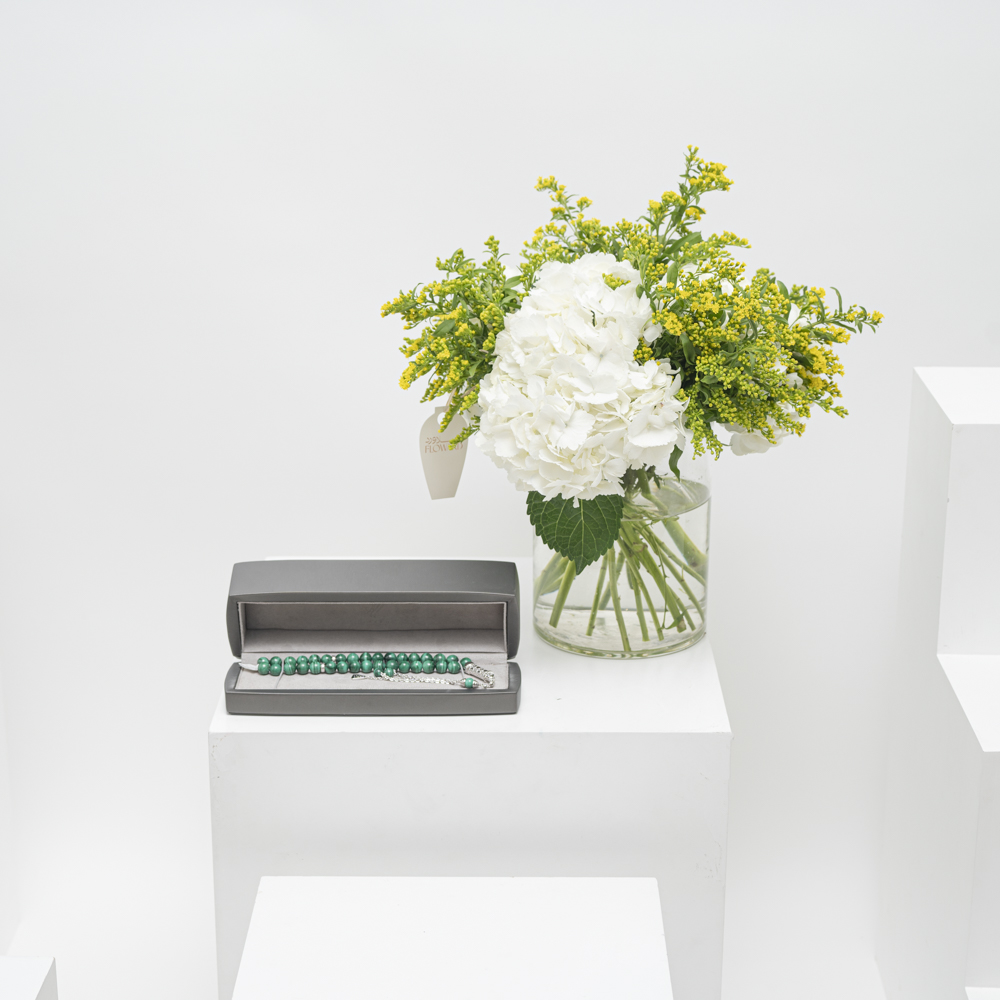 Zayan Green Malachite and Silver Rosary | White Vase