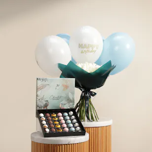 Chocolate Creations Chocolate Box | Flowers Bouquet and Happy Birthday Balloons Chocolate Creations Chocolate Box | Flowers Bouquet and Happy Birthday Balloons