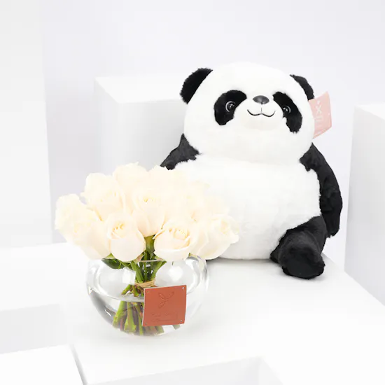 Floward Plush Panda with 20 White Roses Vase