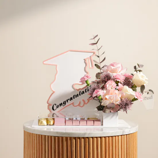 Floward Graduation Chocolate and Flowers Pink Tray