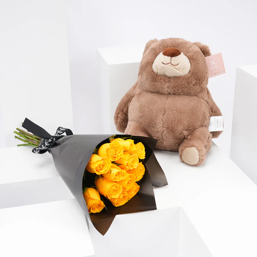 Floward Plush Bear with 12 Yellow Roses Bouquet 5