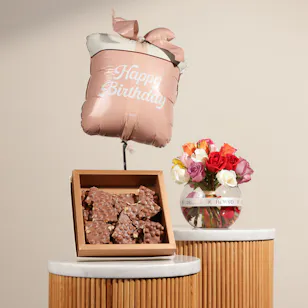 Ghazl Chocolatier Hazelnuts Chocolate Slabs Box | Flowers and Pink Birthday Gift Balloon 