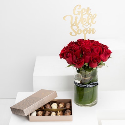 House of Cocoa Chocolates Dates | Red Roses Vase | Get Well Soon