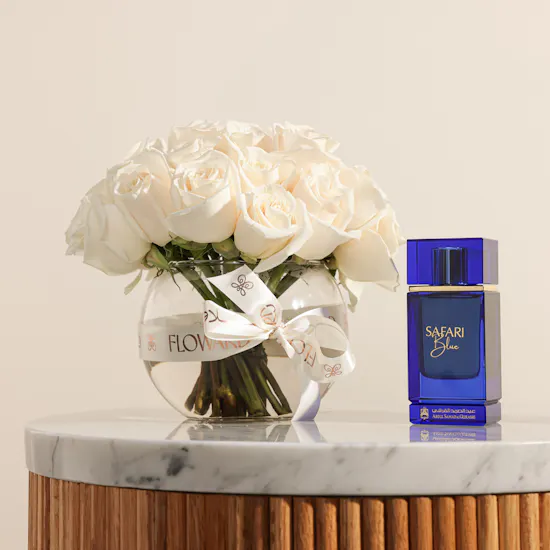 Abdul Samad Al Qurashi Safari Blue Men Perfume | White Roses Vase