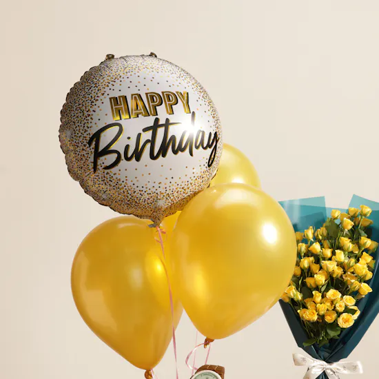 Floward Golden Moments Celebration Cake | Happy Birthday Flowers and Balloons
