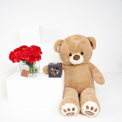 Medium Red Carnations Square Vase with a Medium Teddy Bear and Medium Chocolate Box