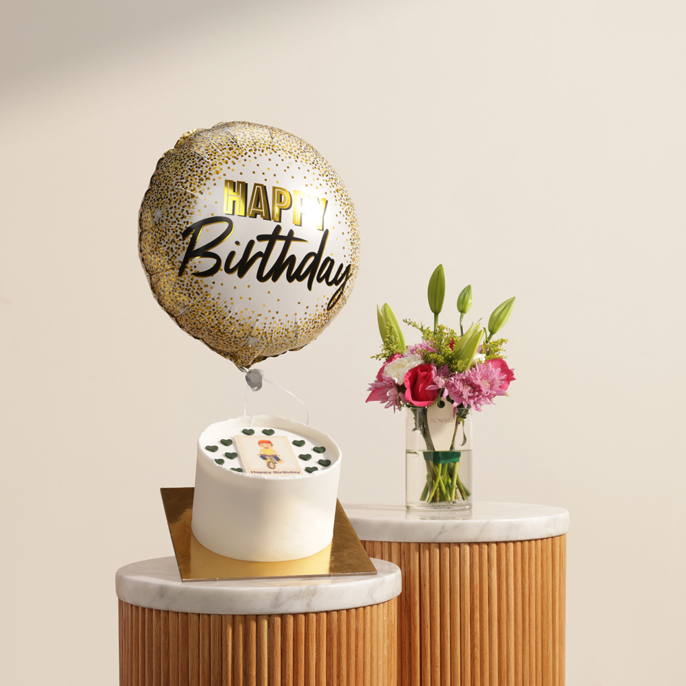 كيك القلوب السوداء المخصصة بالصورة من فلاورد | مزهرية زهور يوم الميلاد المبهجة 