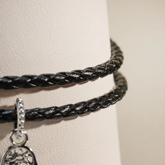 Pandora Black Braided Double Leather Women’s Bracelet with Hamsa Dangle Charm Set