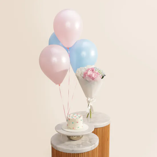 Sweet Atelier Gender Reveal Cake for Girls | Charm Flower Bouquet and Balloons