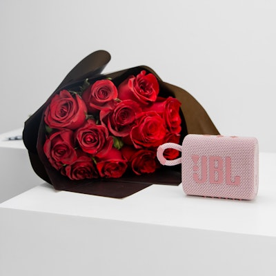 JBL GO 3 Pink Portable Bluetooth Speaker with 12 Red Roses 
