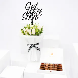 Abucci Small Chocolate Box with Get Well Soon Blooms Bouquet Abucci Small Chocolate Box with Get Well Soon Blooms Bouquet
