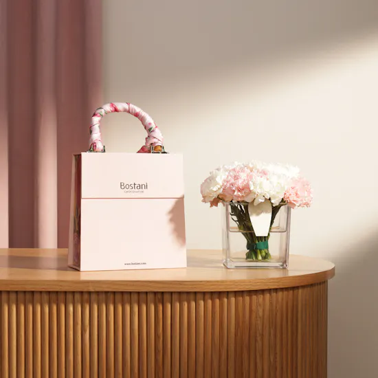 Bostani Chocolate Pink Floral Bag | Celestial Carnation Flowers Vase