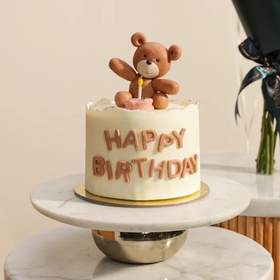 Madeleine Teddy Bear Happy Birthday Cake | Happiest Flowers Bouquet