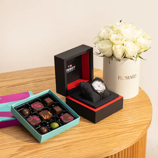 Tissot Brown Leather Men’s Watch | Moko Crunch Chocolate Box with Flowers