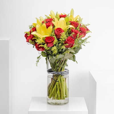 20 Local Red Flowers & 15 Solidago Yellow | Cylinder Vase