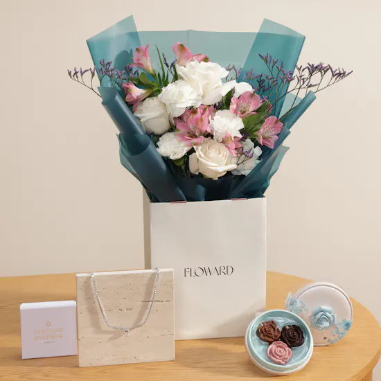 Caroline Svedbom Silver Heart Necklace | Bostani Chocolate and Uplifting Flower Bouquet